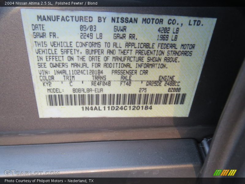 Polished Pewter / Blond 2004 Nissan Altima 2.5 SL