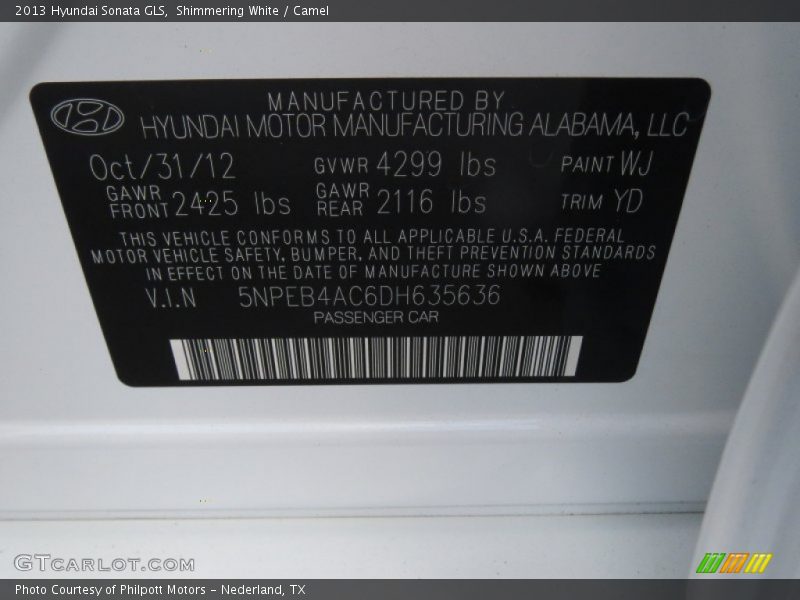 Shimmering White / Camel 2013 Hyundai Sonata GLS