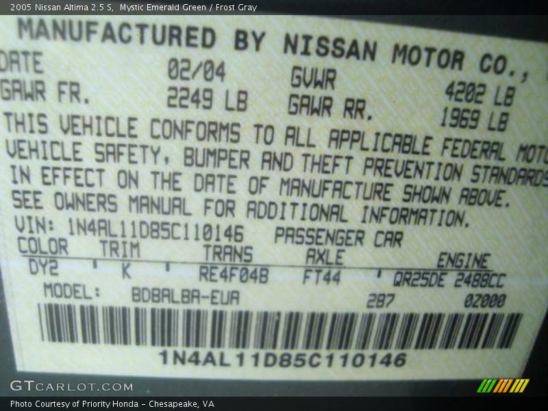 Mystic Emerald Green / Frost Gray 2005 Nissan Altima 2.5 S
