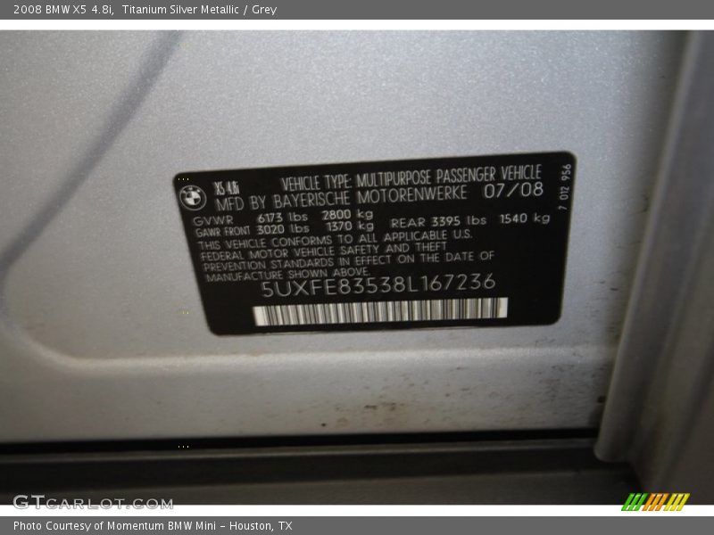 Titanium Silver Metallic / Grey 2008 BMW X5 4.8i