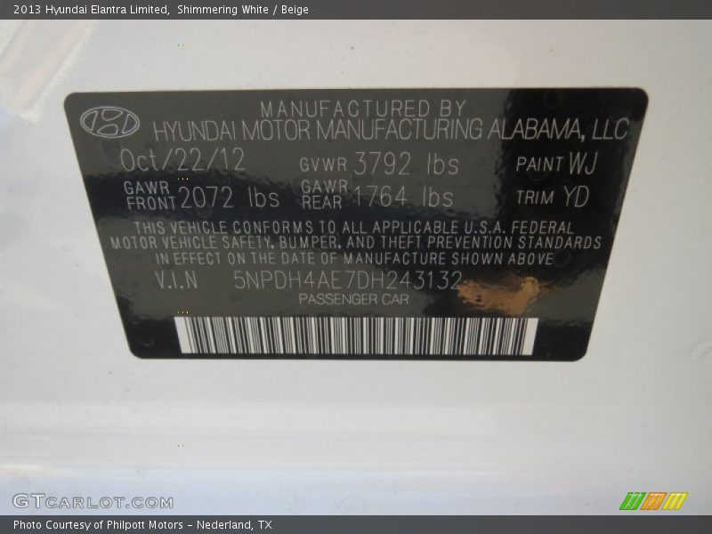 Shimmering White / Beige 2013 Hyundai Elantra Limited