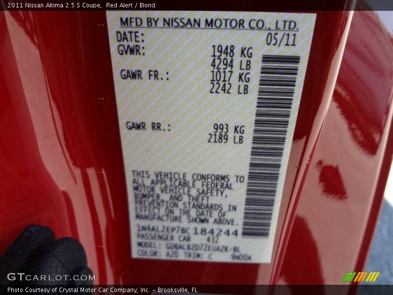 Red Alert / Blond 2011 Nissan Altima 2.5 S Coupe