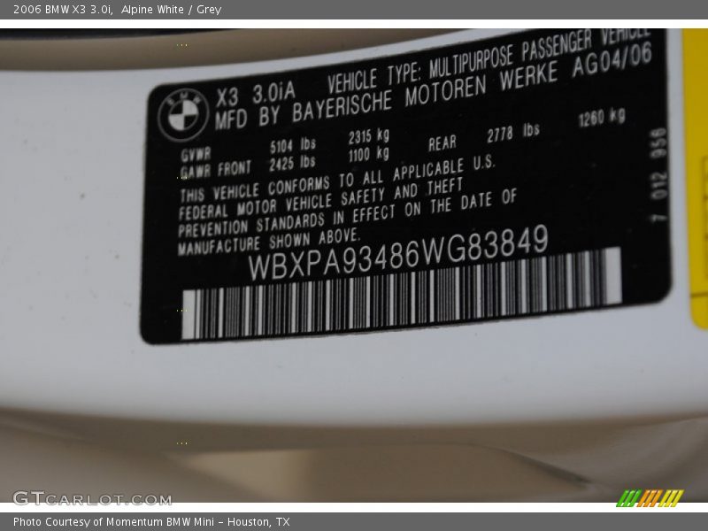 Alpine White / Grey 2006 BMW X3 3.0i