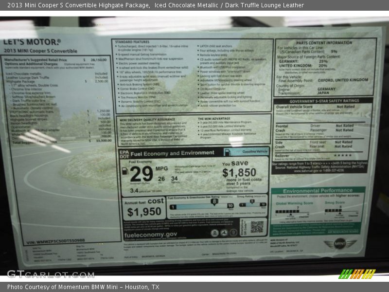  2013 Cooper S Convertible Highgate Package Window Sticker