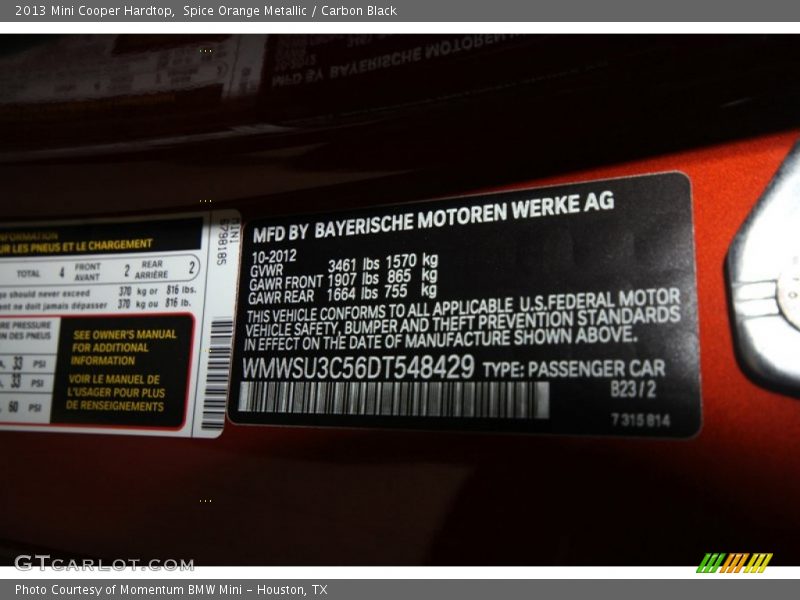 Spice Orange Metallic / Carbon Black 2013 Mini Cooper Hardtop