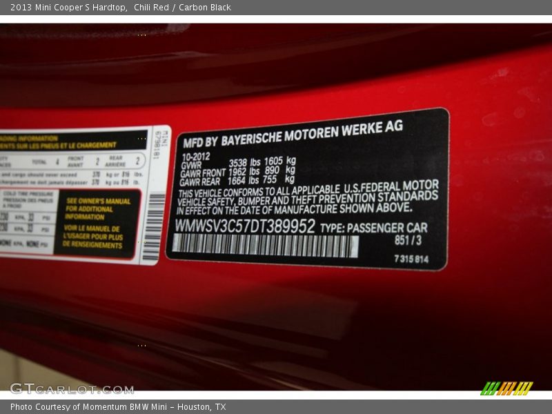 Chili Red / Carbon Black 2013 Mini Cooper S Hardtop