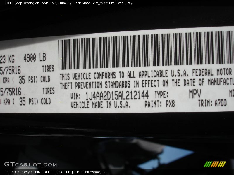 2010 Wrangler Sport 4x4 Black Color Code PX8