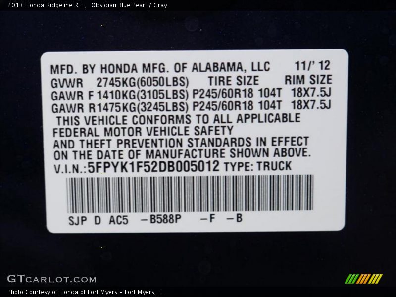 2013 Ridgeline RTL Obsidian Blue Pearl Color Code B588P