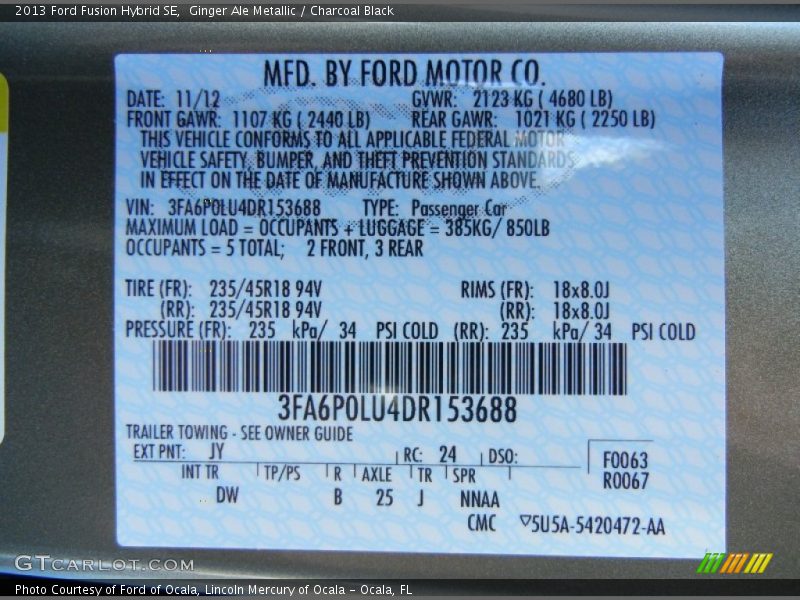 2013 Fusion Hybrid SE Ginger Ale Metallic Color Code JY