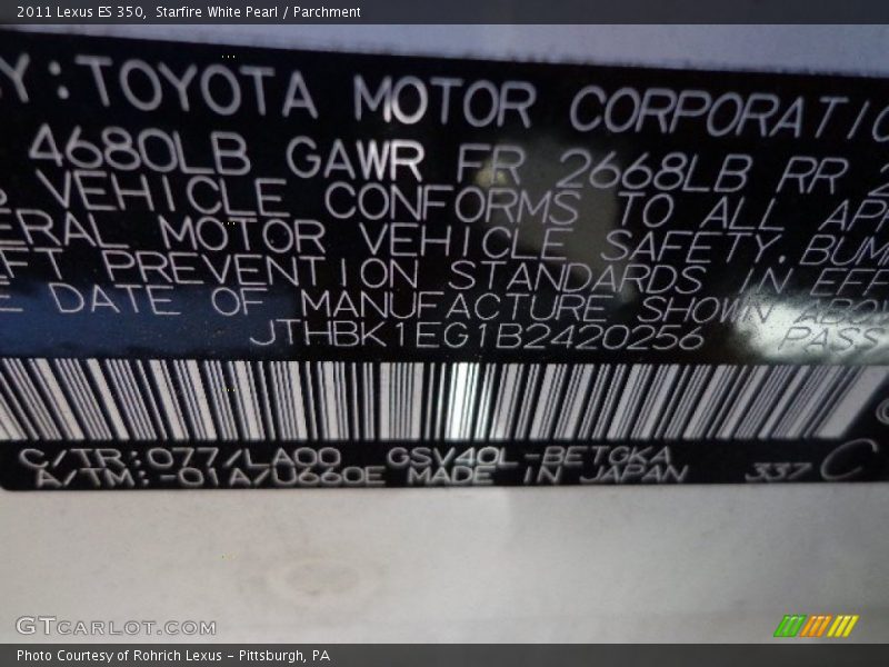 Starfire White Pearl / Parchment 2011 Lexus ES 350