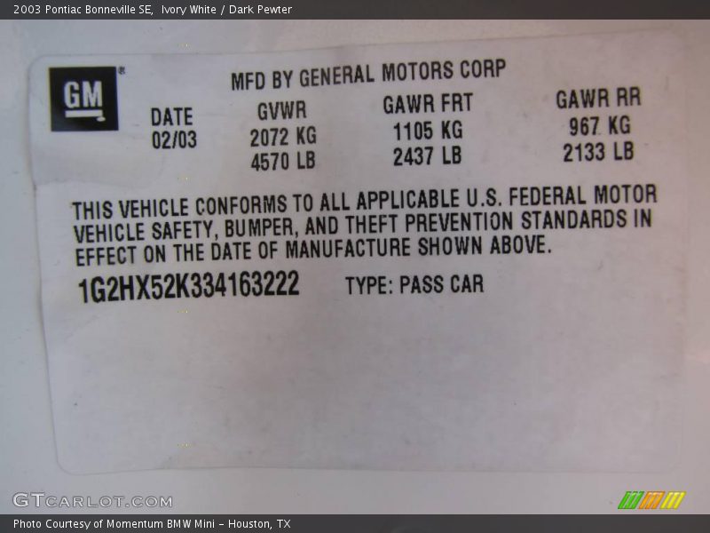 Ivory White / Dark Pewter 2003 Pontiac Bonneville SE