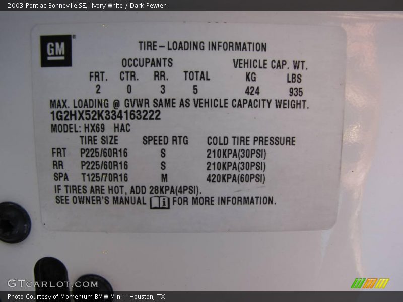 Ivory White / Dark Pewter 2003 Pontiac Bonneville SE