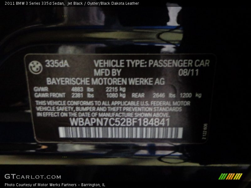 Jet Black / Oyster/Black Dakota Leather 2011 BMW 3 Series 335d Sedan