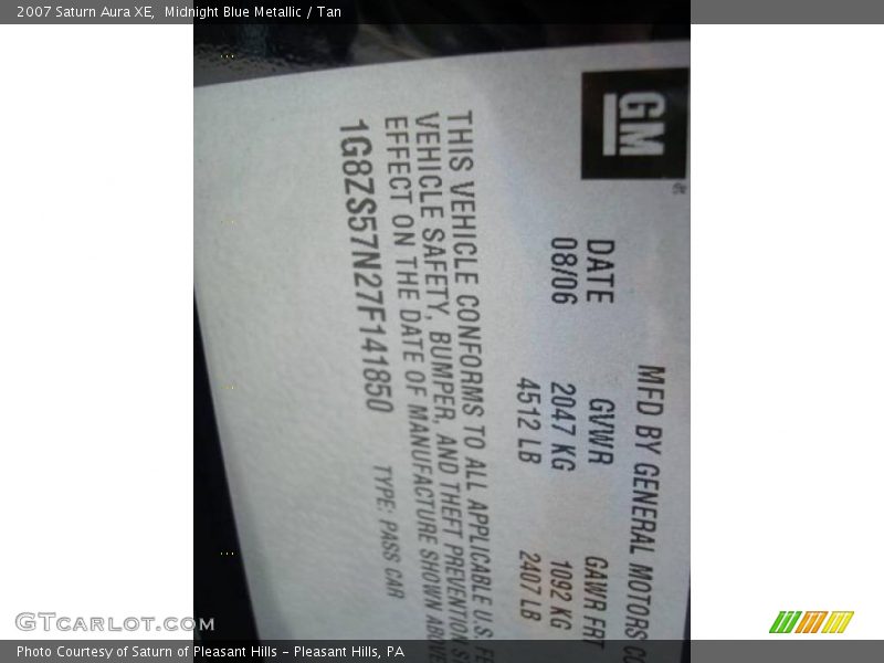 Midnight Blue Metallic / Tan 2007 Saturn Aura XE