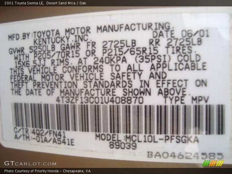 Desert Sand Mica / Oak 2001 Toyota Sienna LE