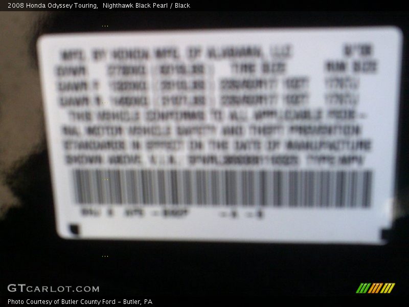 Nighthawk Black Pearl / Black 2008 Honda Odyssey Touring