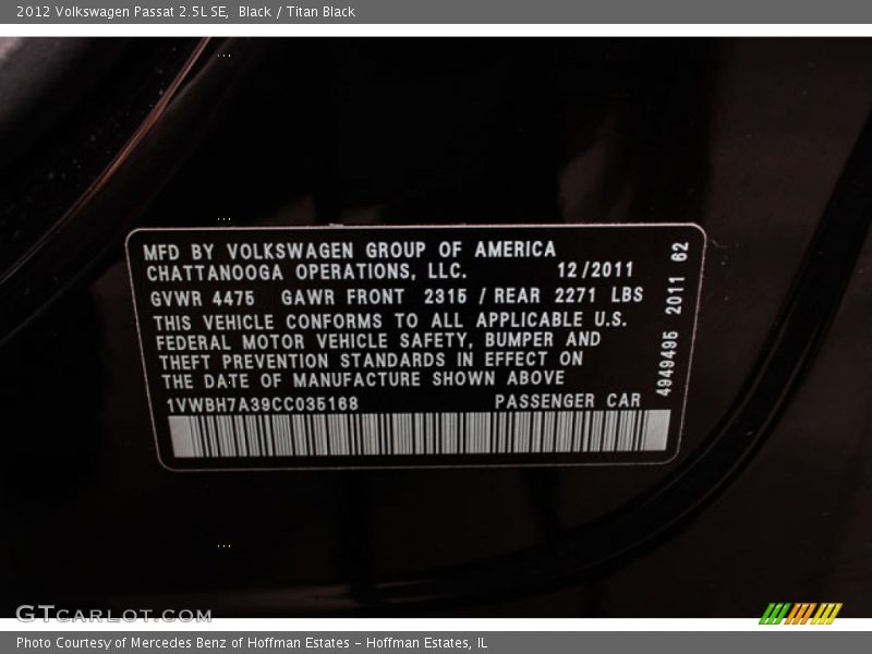 Black / Titan Black 2012 Volkswagen Passat 2.5L SE