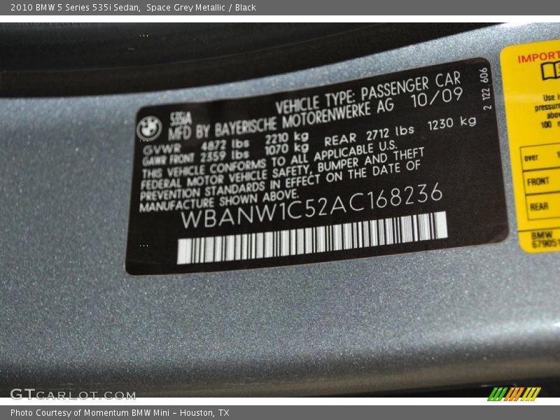 Space Grey Metallic / Black 2010 BMW 5 Series 535i Sedan