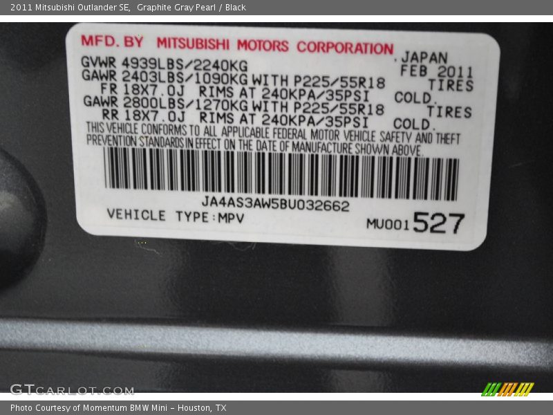 Graphite Gray Pearl / Black 2011 Mitsubishi Outlander SE