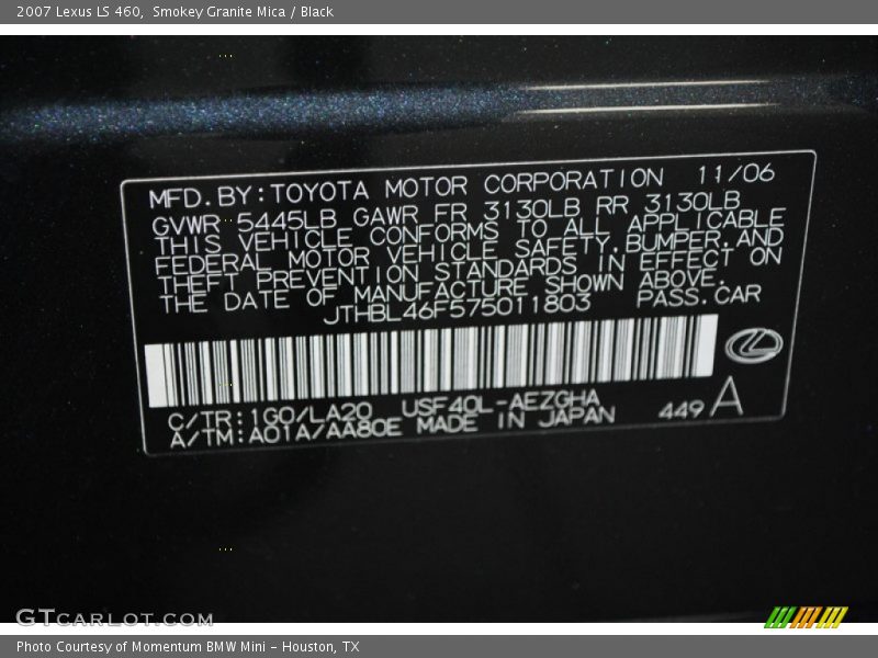 2007 LS 460 Smokey Granite Mica Color Code 1G0