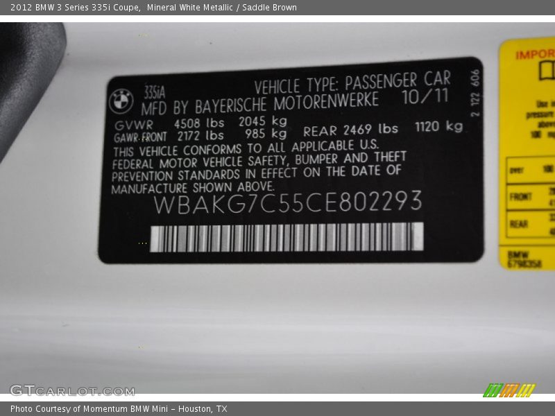 Mineral White Metallic / Saddle Brown 2012 BMW 3 Series 335i Coupe