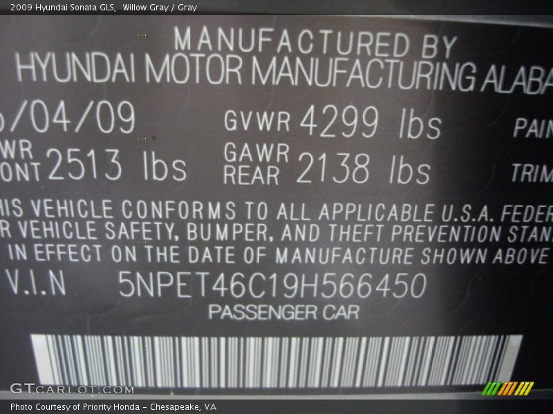 Willow Gray / Gray 2009 Hyundai Sonata GLS