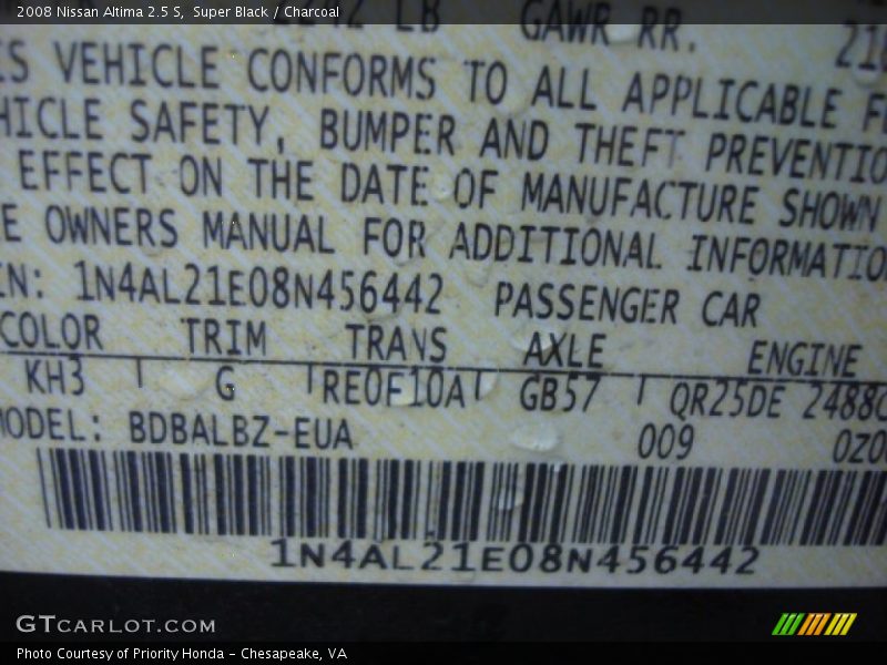 Super Black / Charcoal 2008 Nissan Altima 2.5 S