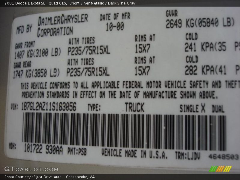 2001 Dakota SLT Quad Cab Bright Silver Metallic Color Code PSB