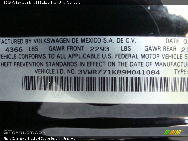 Black Uni / Anthracite 2009 Volkswagen Jetta SE Sedan