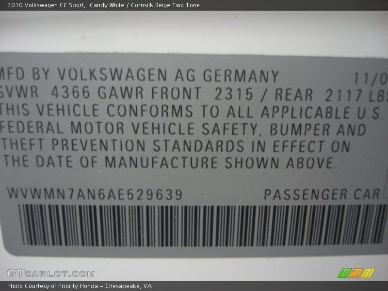 Candy White / Cornsilk Beige Two Tone 2010 Volkswagen CC Sport