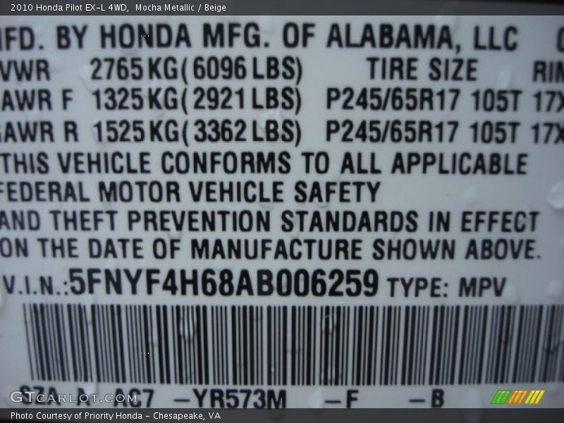 Mocha Metallic / Beige 2010 Honda Pilot EX-L 4WD
