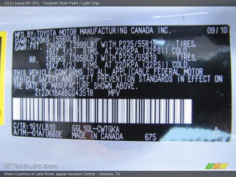 Tungsten Silver Pearl / Light Gray 2011 Lexus RX 350