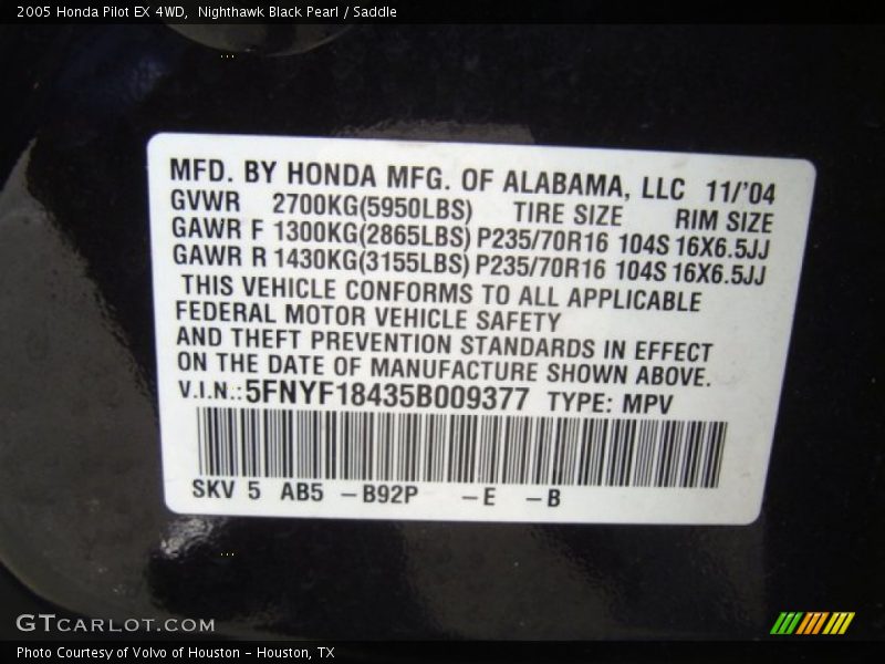 Nighthawk Black Pearl / Saddle 2005 Honda Pilot EX 4WD