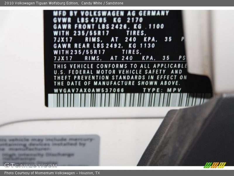 Candy White / Sandstone 2010 Volkswagen Tiguan Wolfsburg Edition