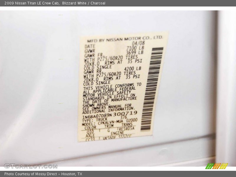 Blizzard White / Charcoal 2009 Nissan Titan LE Crew Cab