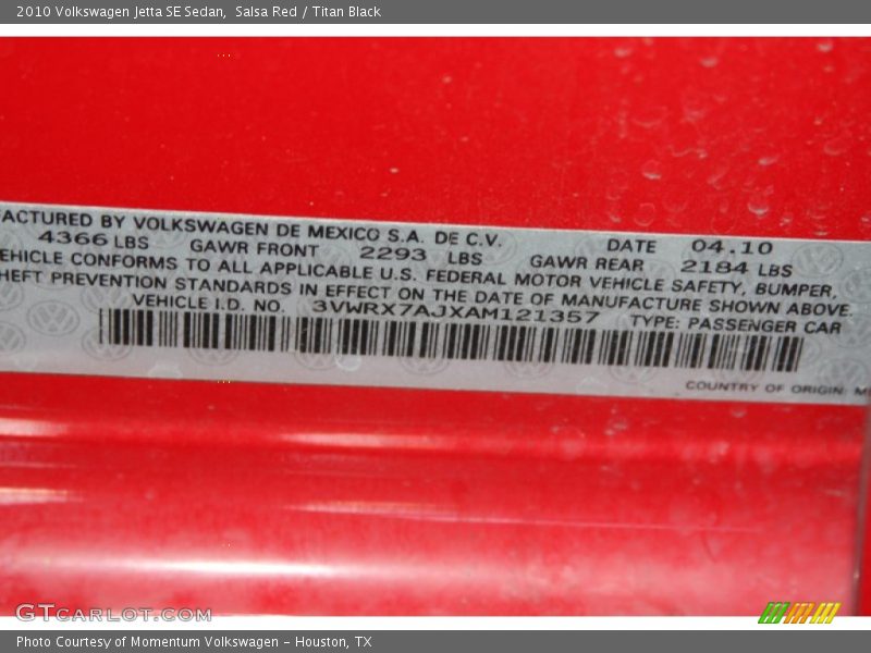 Salsa Red / Titan Black 2010 Volkswagen Jetta SE Sedan