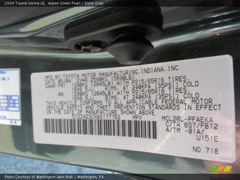 2004 Sienna LE Aspen Green Pearl Color Code 6S7