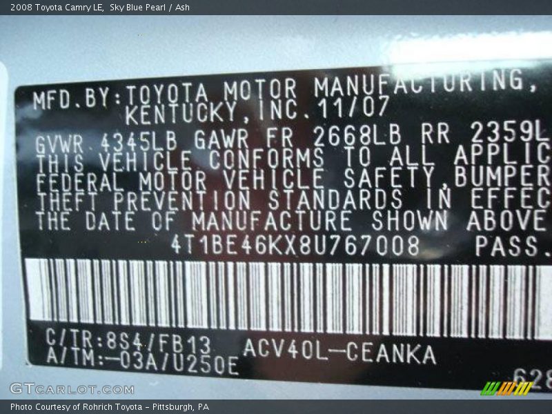 Sky Blue Pearl / Ash 2008 Toyota Camry LE