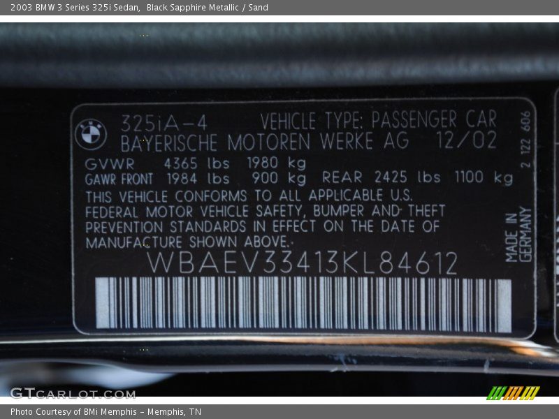Black Sapphire Metallic / Sand 2003 BMW 3 Series 325i Sedan