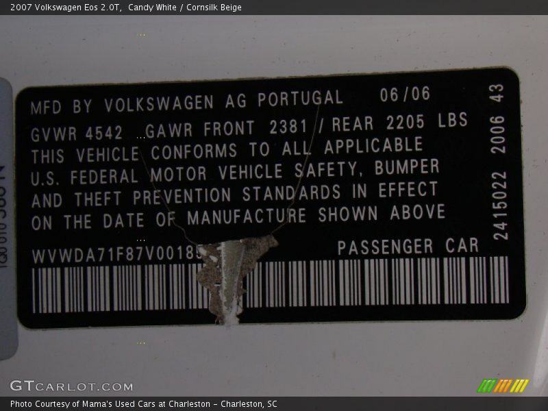 Candy White / Cornsilk Beige 2007 Volkswagen Eos 2.0T