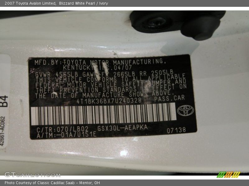 Blizzard White Pearl / Ivory 2007 Toyota Avalon Limited