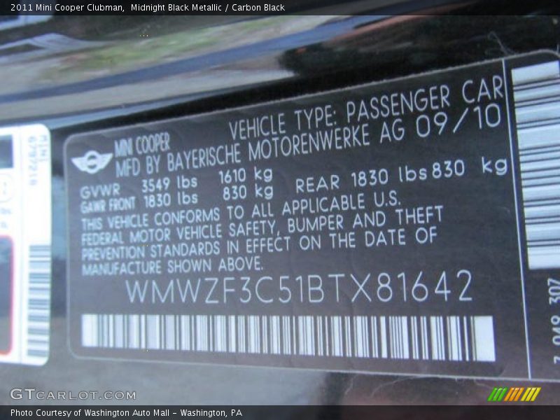 Midnight Black Metallic / Carbon Black 2011 Mini Cooper Clubman