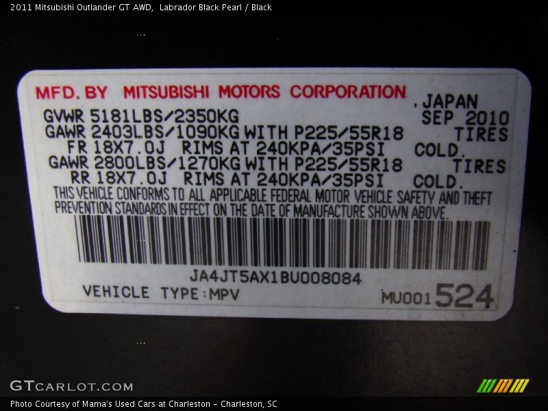 Labrador Black Pearl / Black 2011 Mitsubishi Outlander GT AWD