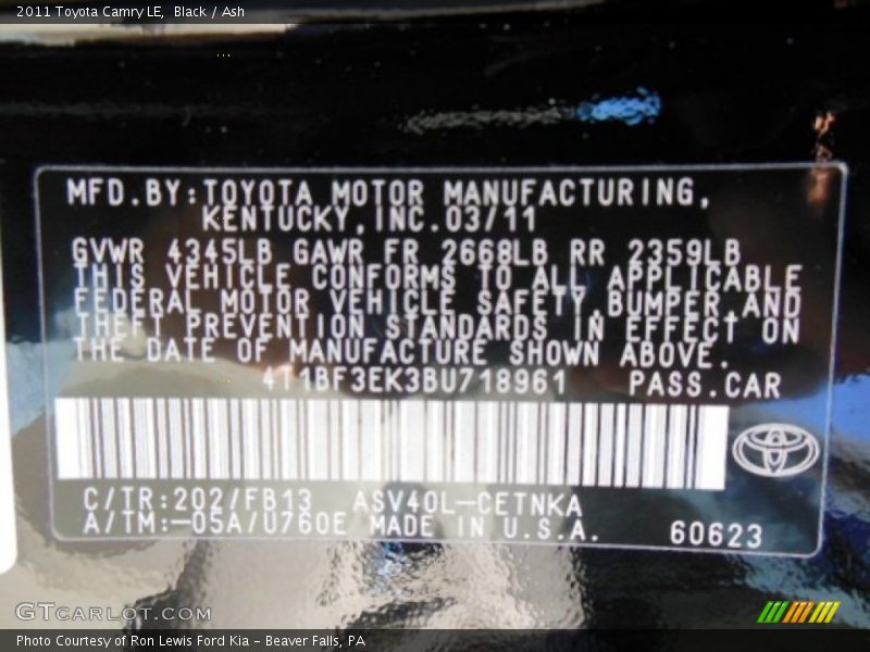Black / Ash 2011 Toyota Camry LE