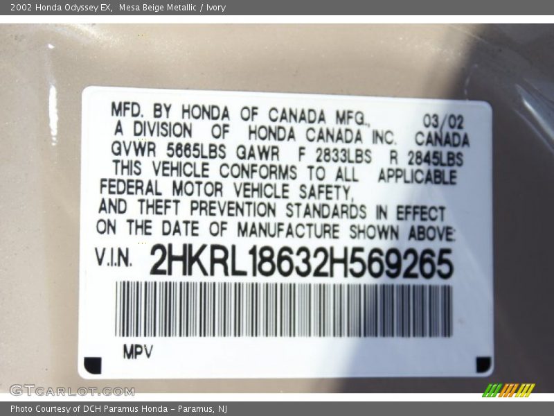 Mesa Beige Metallic / Ivory 2002 Honda Odyssey EX