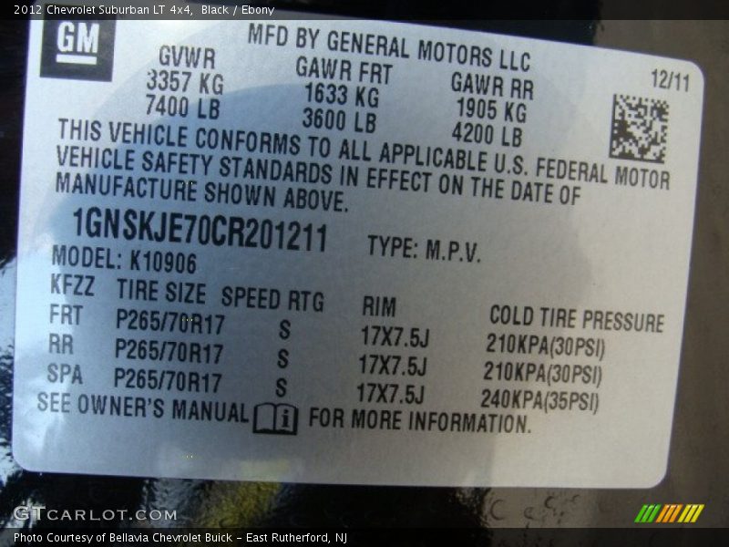Black / Ebony 2012 Chevrolet Suburban LT 4x4
