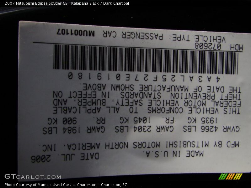 Kalapana Black / Dark Charcoal 2007 Mitsubishi Eclipse Spyder GS