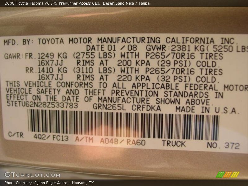 Desert Sand Mica / Taupe 2008 Toyota Tacoma V6 SR5 PreRunner Access Cab
