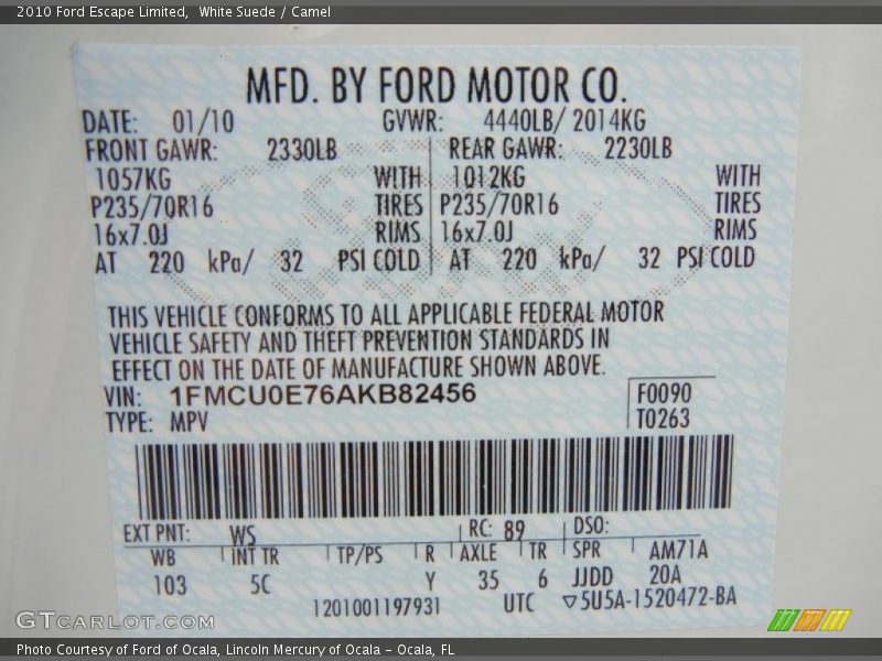 White Suede / Camel 2010 Ford Escape Limited