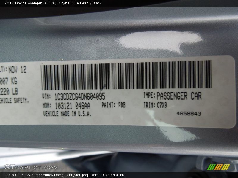 2013 Avenger SXT V6 Crystal Blue Pearl Color Code PDB